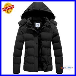 Large Slim Fit Puffer Jacket with Removable Hood, Windproof Winter Coat